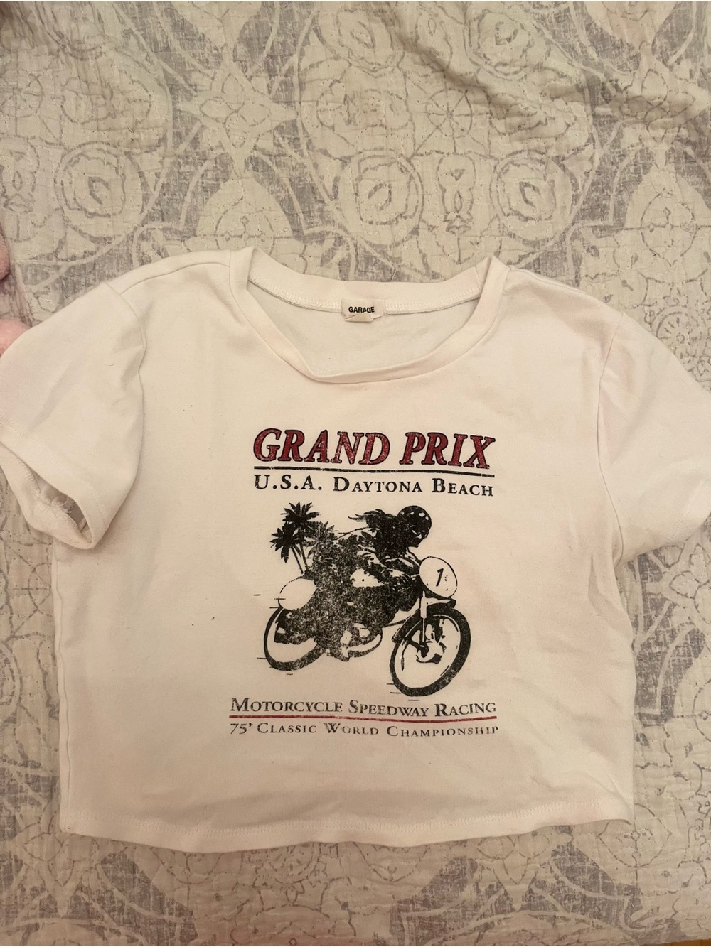 Garage Cropped ‘Grand Prix' White Motorcycle Graphic Tee